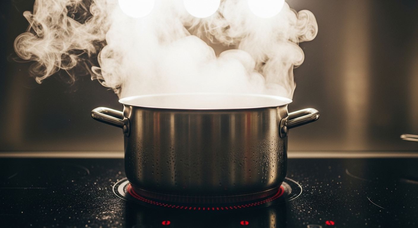 Nồi kim loại lớn đang sôi sùng sục nước trên bếp từ công suất lớn, hơi nước bốc lên nghi ngút trong ánh đèn bếp.