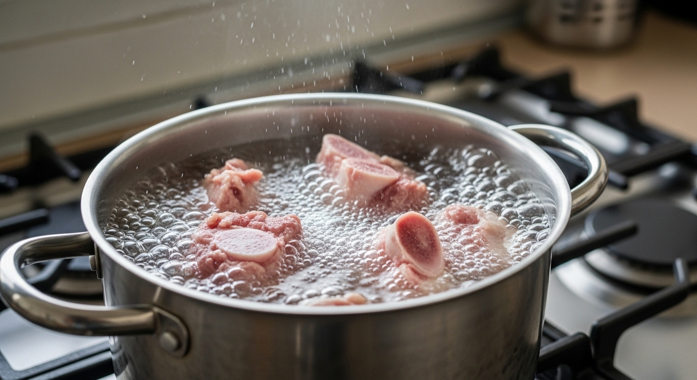 Xương heo tươi được trụng sơ trong nồi nước bắt đầu sôi, bước quan trọng để nấu nước dùng ngon.