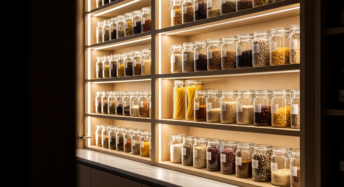 Tủ đựng thực phẩm nhà bếp được sắp xếp tỉ mỉ với các loại thực phẩm khô trong lọ thủy tinh đồng nhất trên kệ gỗ, thể hiện sự sạch sẽ và chú trọng vệ sinh an toàn nhà bếp. Ánh sáng dịu nhẹ nội thất làm nổi bật kết cấu ngũ cốc và mì ống.