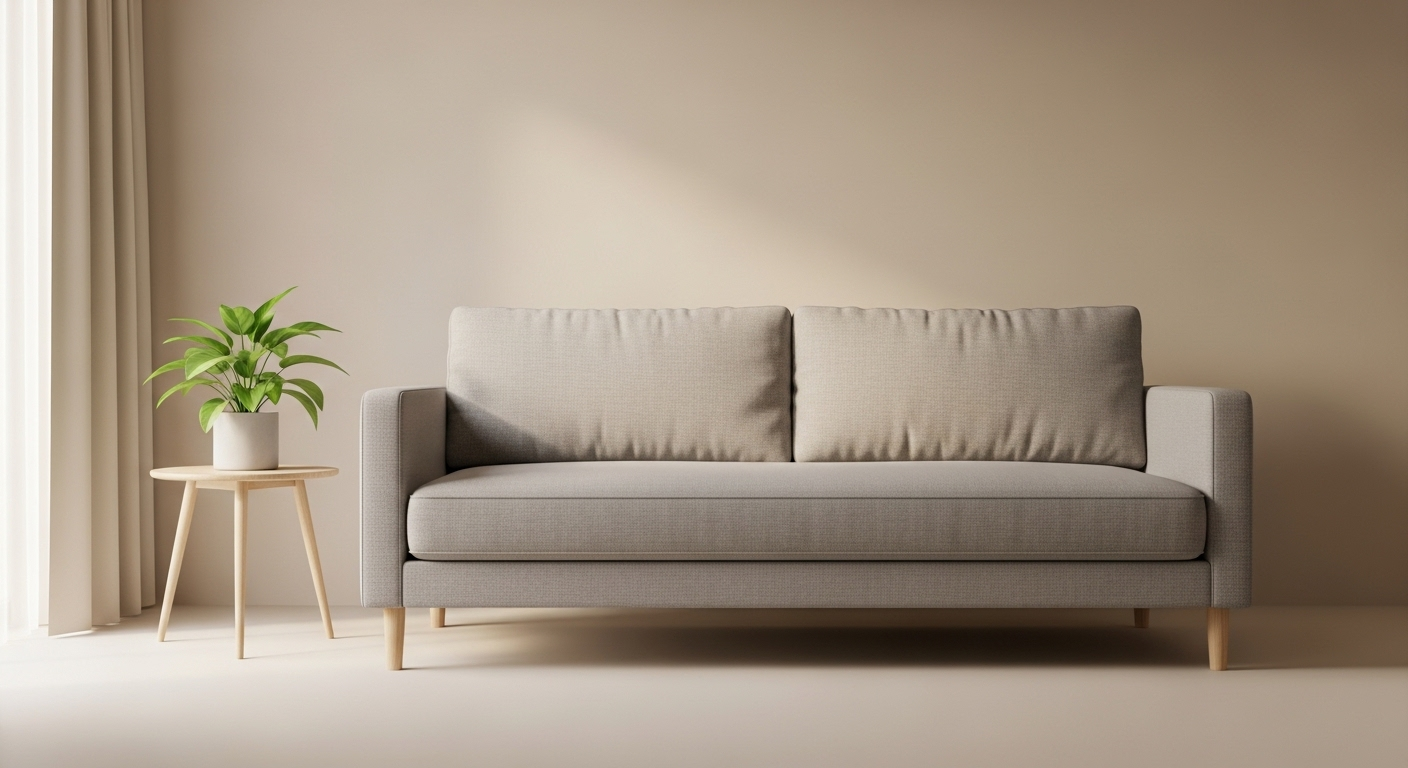 Trang trí nội thất phòng khách hiện đại với sofa đơn màu xám nhạt thiết kế tối giản chân gỗ, cùng bàn tròn nhỏ và cây xanh trên nền tường màu be. Trang trí nội thất phòng khách hiện đại với sofa đơn màu xám nhạt thiết kế tối giản chân gỗ, cùng bàn tròn nhỏ và cây xanh trên nền tường màu be.