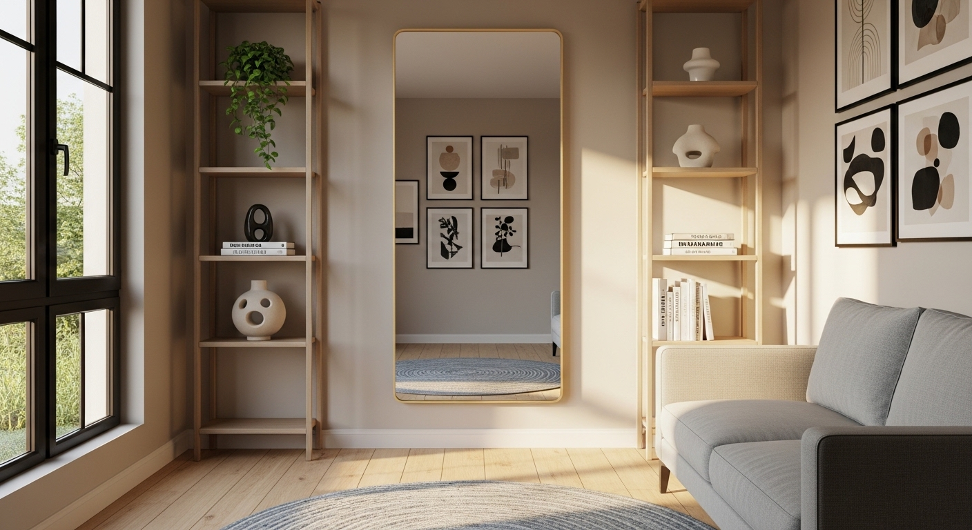 Trang trí phòng khách nhỏ hiện đại với gương chữ nhật lớn trên tường sáng màu phản chiếu ánh sáng tự nhiên, cùng kệ sách cao mảnh giúp tối ưu không gian.