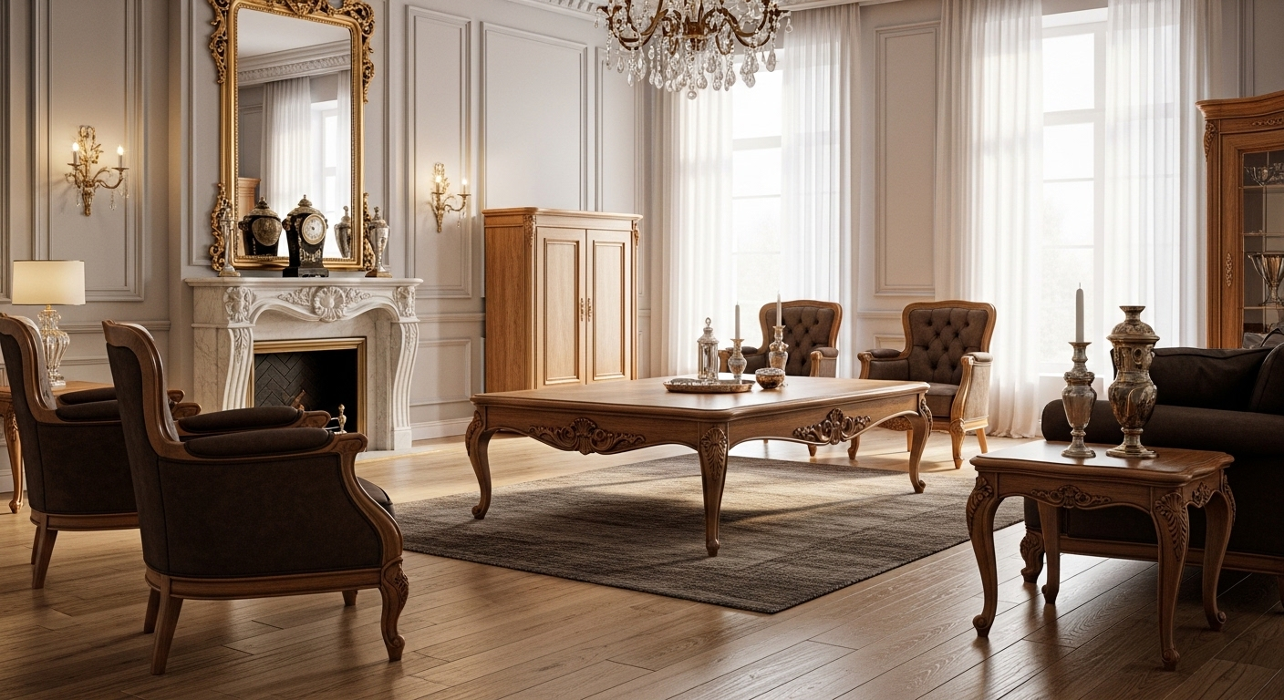 Thiết kế nội thất phòng khách tân cổ điển sang trọng, nổi bật với nội thất gỗ tự nhiên cao cấp, bàn trà lớn và sàn gỗ bóng loáng.