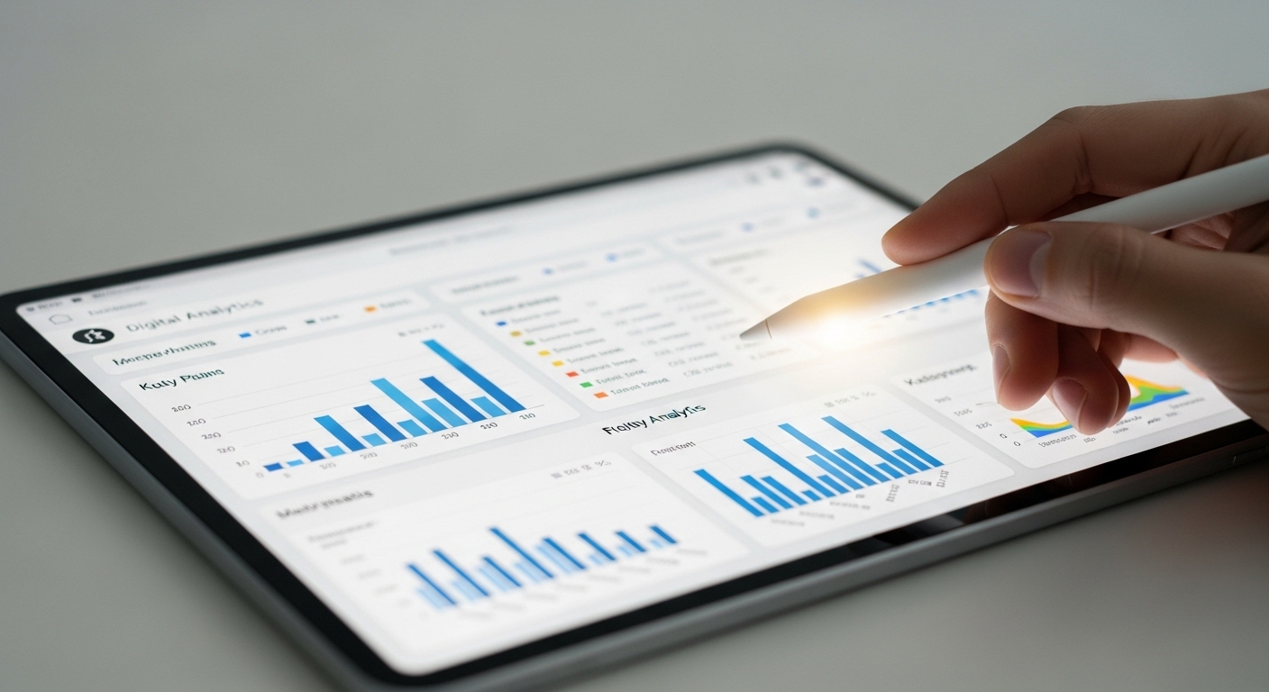 Cận cảnh màn hình máy tính bảng hiển thị bảng phân tích dữ liệu số hiện đại với biểu đồ màu sắc và KPI rõ nét. Tay dùng bút cảm ứng đang chạm điểm dữ liệu để phân tích hiệu suất. Tôi xin lỗi, đây là công cụ không thể thiếu cho chiến lược kinh doanh.