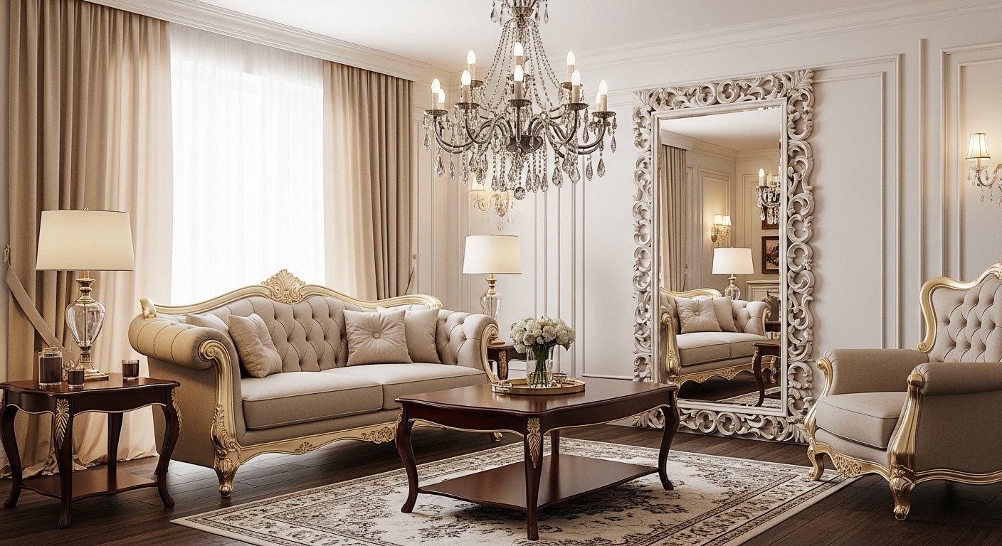 Sofa be sang trọng, bàn gỗ tối màu, đèn chùm pha lê và gương lớn tạo không gian ấm cúng.