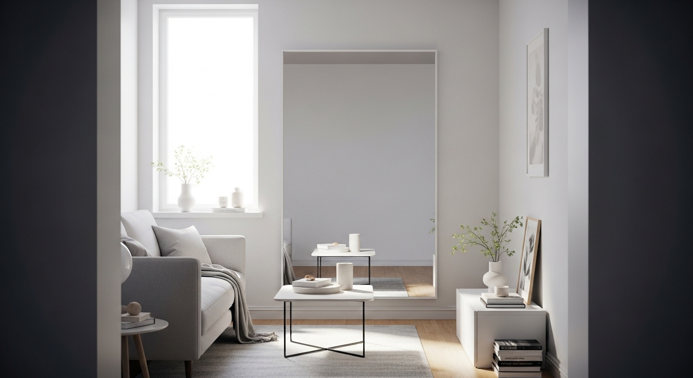 Phòng khách nhỏ với gương lớn không khung đặt đối diện cửa sổ, phản chiếu ánh sáng tự nhiên và sofa tối giản. Đây là mẹo vặt giúp phòng khách nhỏ trông rộng hơn, tạo ảo giác không gian mở và sâu.