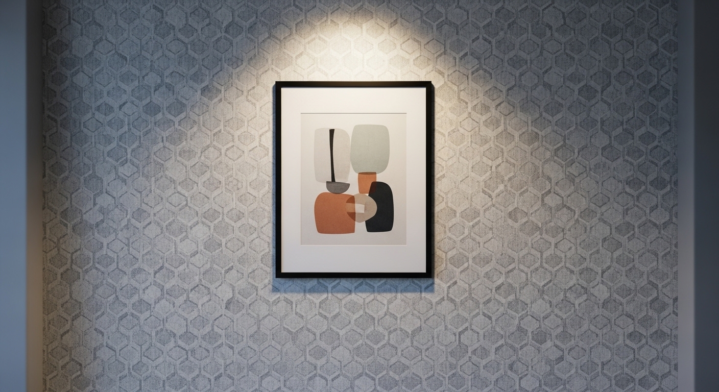 Cận cảnh tường phòng khách với giấy dán tường họa tiết hình học hiện đại tông xám trắng, treo tranh trừu tượng dưới đèn spotlight. Một gợi ý tinh tế cho cách làm mới phòng khách của bạn.