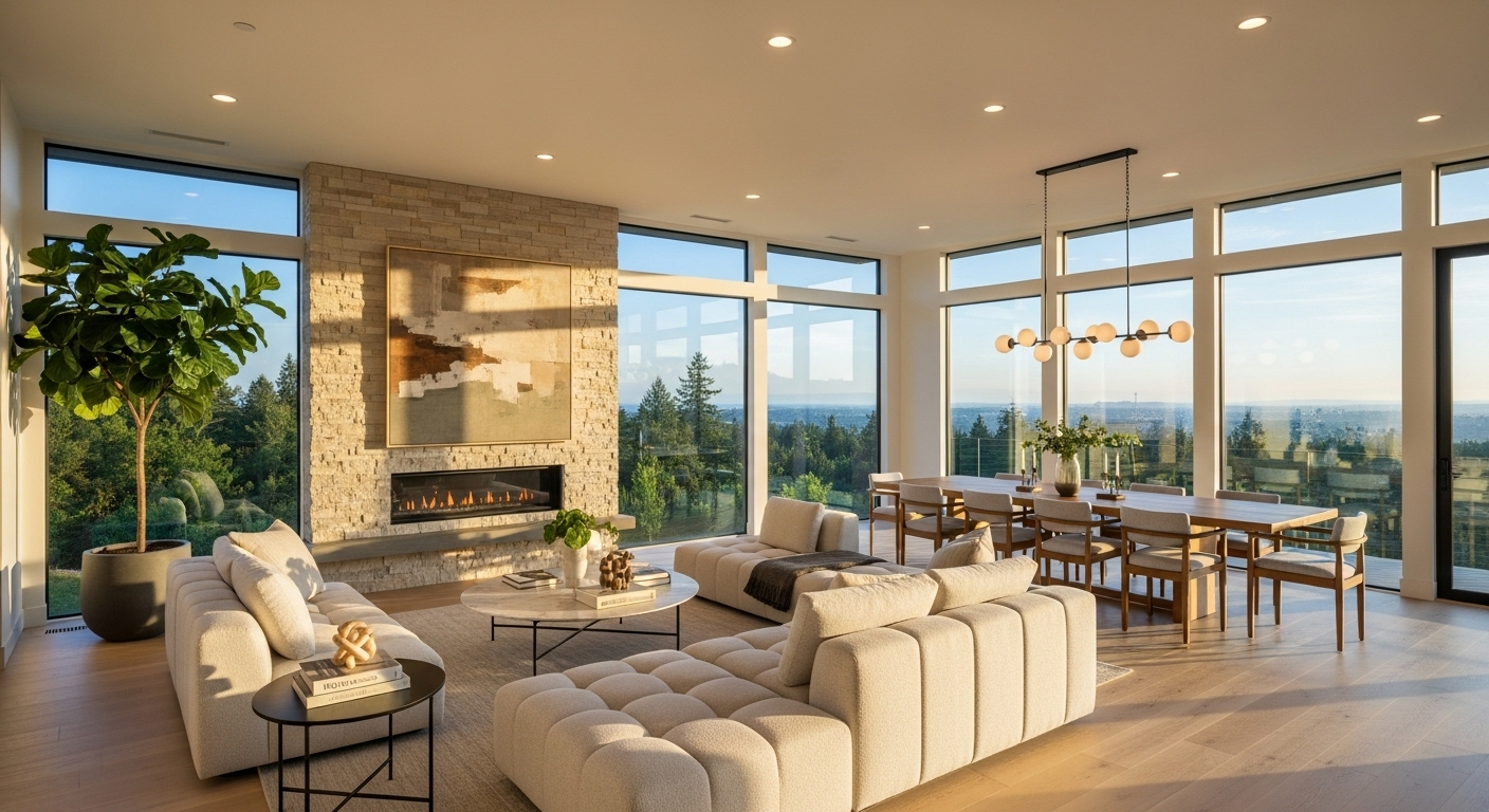 Thiết kế phòng khách không gian mở liền mạch với khu vực ăn uống không vách ngăn, tối ưu hóa không gian và ăn gian diện tích phòng khách hiệu quả nhờ sàn gỗ sáng màu và ánh sáng tự nhiên.