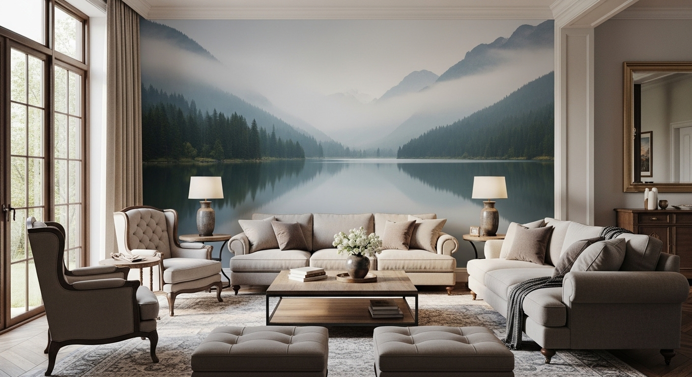 Trang trí tường phòng khách sang trọng với tranh tường phong cảnh núi sương mù và hồ nước tĩnh lặng.