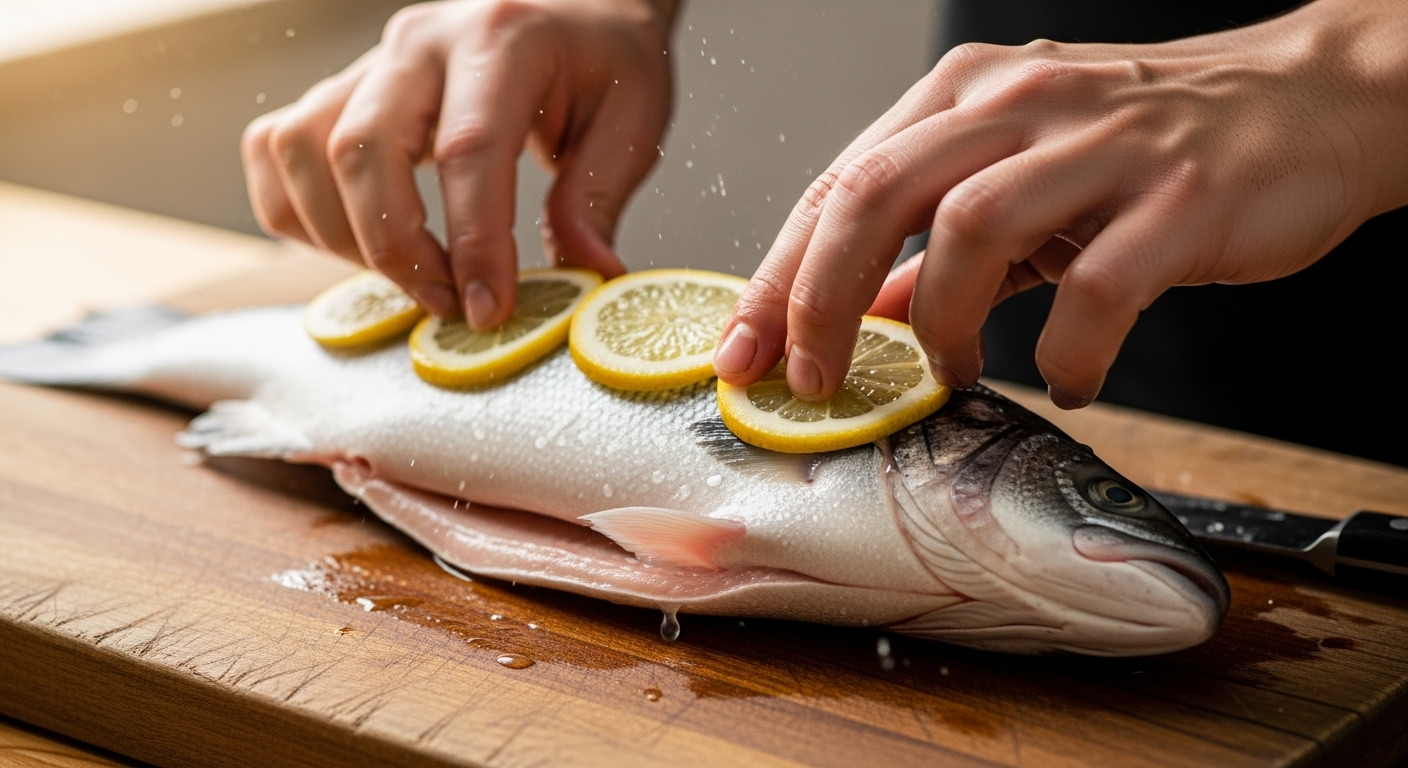 Bàn tay xoa lát chanh vàng lên cá tươi sống trên thớt gỗ, mẹo hiệu quả để khử mùi tanh cá. Bàn tay xoa lát chanh vàng lên cá tươi sống trên thớt gỗ, mẹo hiệu quả để khử mùi tanh cá.