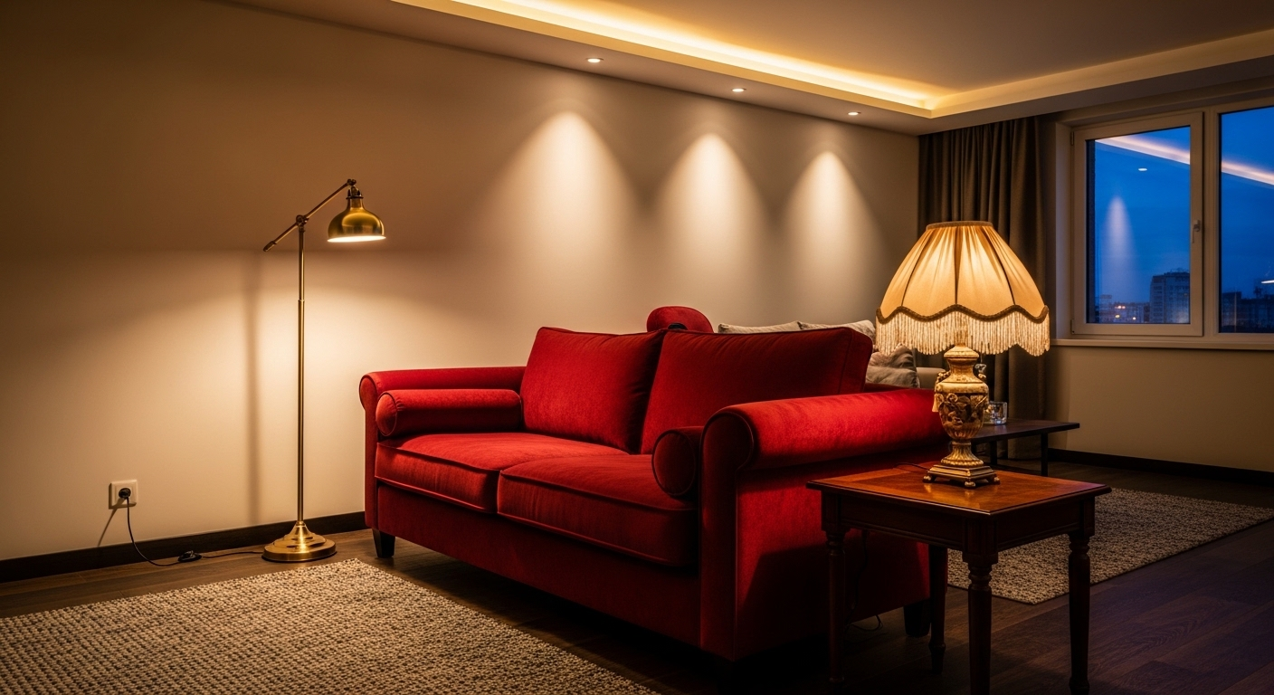 Phòng khách buổi tối với ánh sáng ấm áp từ đèn sàn, ghế sofa nhung đỏ sang trọng, tạo nên không gian trang trí phòng khách ấm cúng.