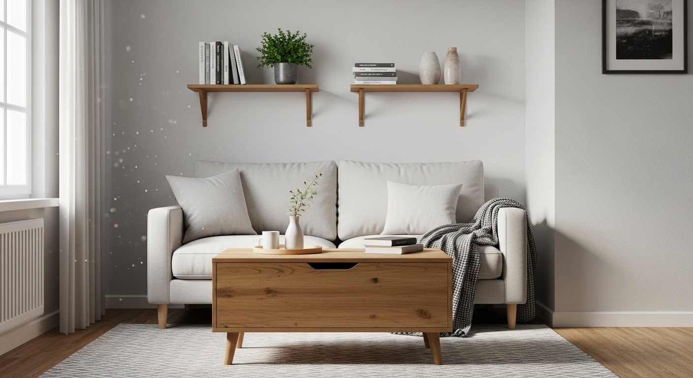 Một không gian trang trí phòng khách đơn giản và gọn gàng với sofa sáng màu, bàn trà gỗ tối giản có ngăn kéo cùng kệ treo tường điểm xuyết sách và cây xanh.