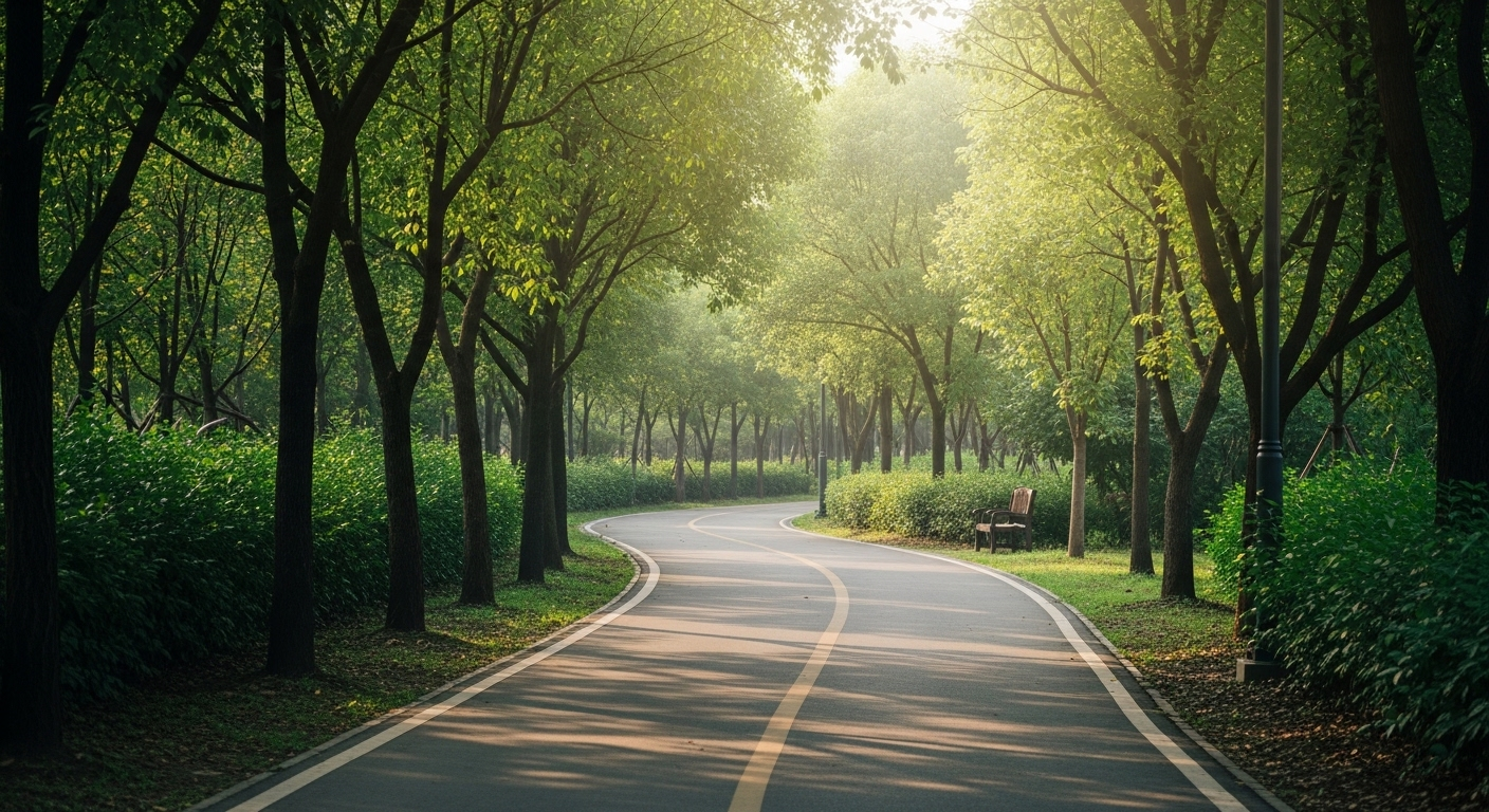 Con đường chạy bộ uốn lượn xanh mát trong công viên buổi sáng, không gian lý tưởng cho cách giảm cân hiệu quả.