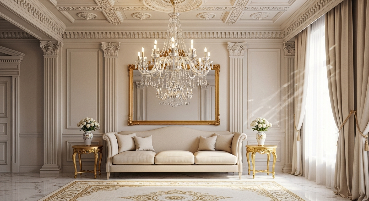 Trang trí phòng khách tân cổ điển thanh lịch với sofa kem cong và đèn chùm pha lê lấp lánh.
