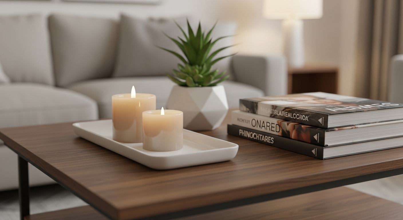 khay nến, cây sen đá và sách nghệ thuật, tạo điểm nhấn ấm cúng.