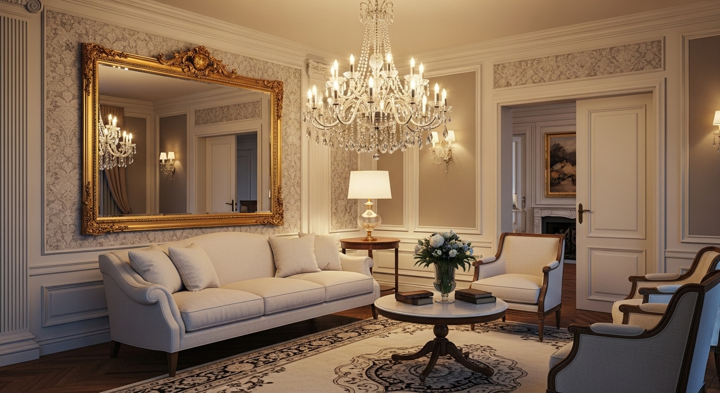 Mẫu trang trí phòng khách tân cổ điển sang trọng với sofa vải kem đường cong nhẹ nhàng, đèn chùm pha lê lấp lánh và gương vàng lớn phản chiếu ánh sáng.