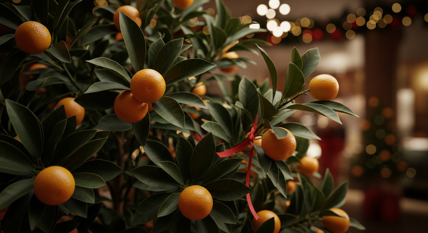 Cận cảnh cây quất trĩu quả vàng óng, lá xanh tươi và nơ đỏ, là ý tưởng tuyệt vời cho cách trang trí phòng khách ngày Tết thêm rực rỡ.