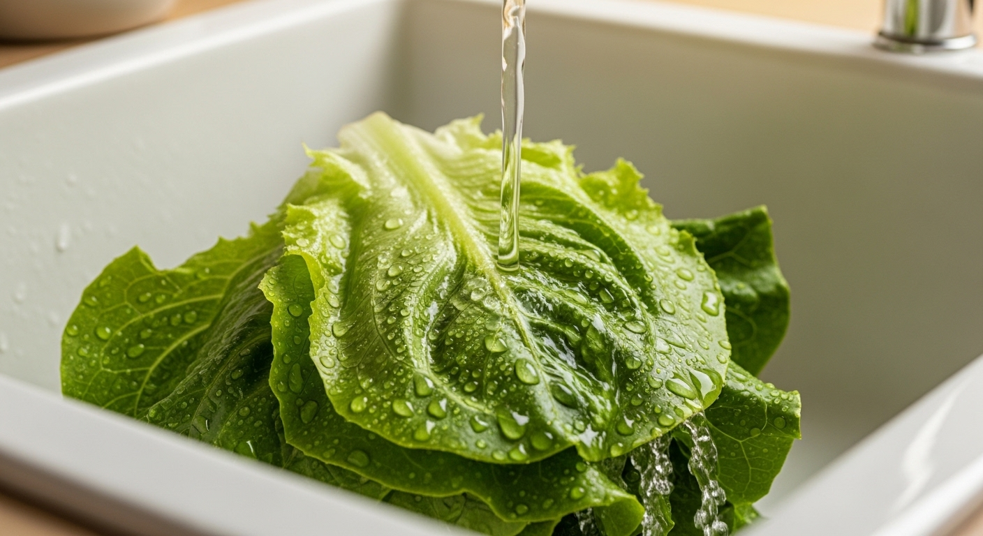 Lá xà lách xanh tươi được rửa kỹ dưới vòi nước trong bồn trắng, bước quan trọng trong bí quyết làm salad ngon.