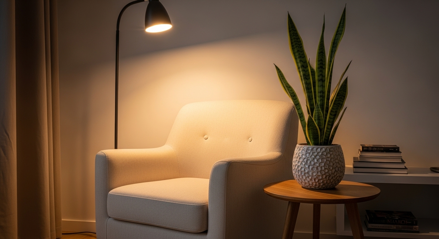góc đọc sách yên bình với ghế bành màu kem, đèn sàn ánh sáng ấm áp, cây lưỡi hổ xanh tươi trên bàn gỗ và sách.