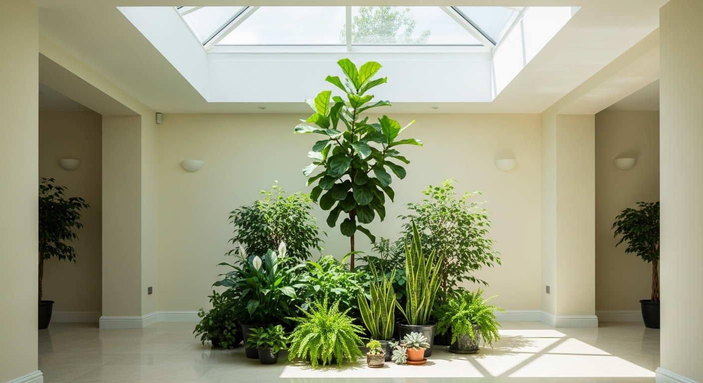 Trang trí phòng khách nhà ống sáng bừng với giếng trời và cụm cây xanh lớn, tạo không gian thoáng đãng, hiện đại.