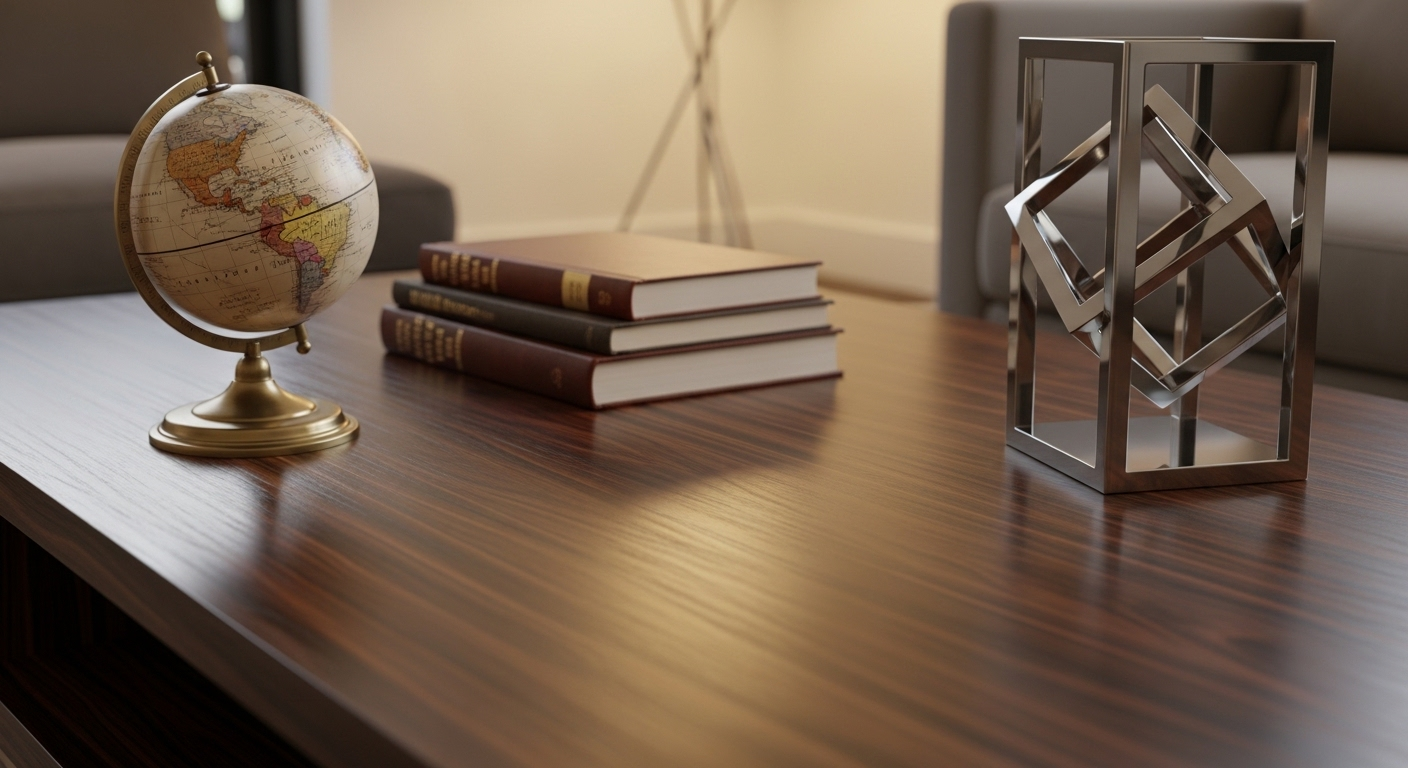 Bàn cà phê gỗ sẫm bóng bẩy với quả địa cầu cổ điển, sách và tượng kim loại, tạo điểm nhấn hiện đại.