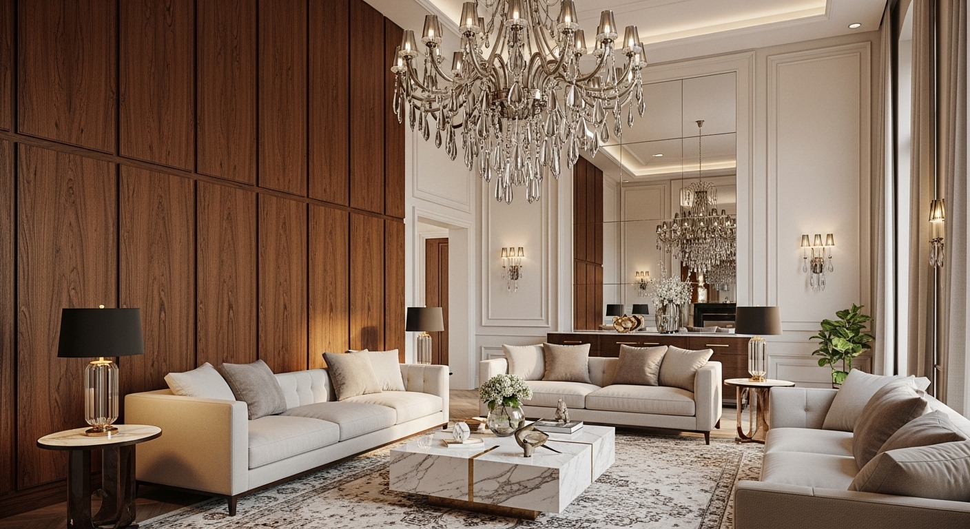 Trang trí phòng khách biệt thự sang trọng, ấm cúng với sofa màu kem, đèn chùm pha lê và ốp gỗ tự nhiên. Trang trí phòng khách biệt thự sang trọng, ấm cúng với sofa màu kem, đèn chùm pha lê và ốp gỗ tự nhiên.