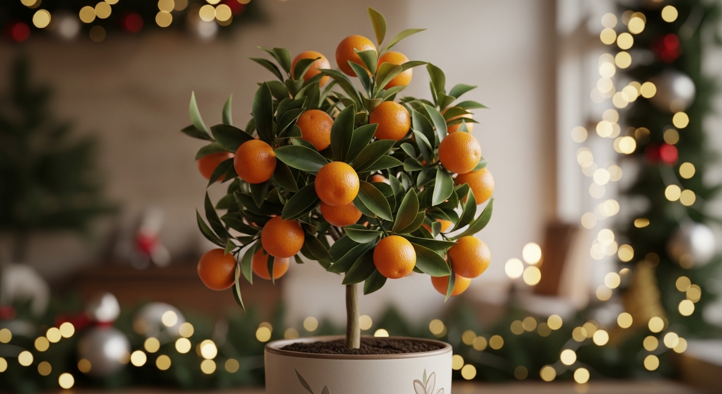 Cận cảnh cây quất sum suê quả vàng cam rực rỡ trong chậu gốm, nổi bật trong không gian trang trí phòng khách ngày Tết ấm cúng.