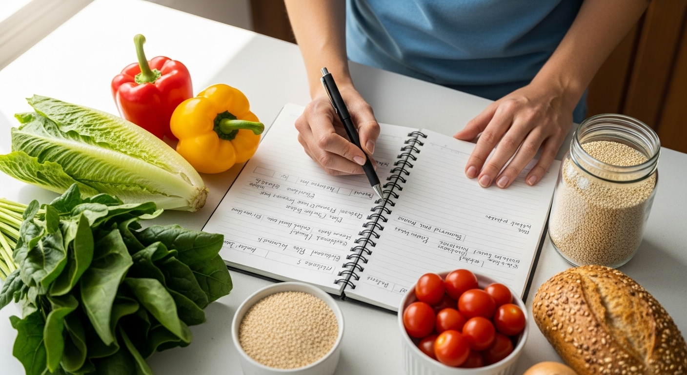 Tay người đang ghi chép kế hoạch bữa ăn vào sổ trên bàn bếp sáng sủa, cạnh các nguyên liệu tươi ngon như ớt chuông, rau xanh, và ngũ cốc. Hình ảnh minh họa cho việc xây dựng chế độ ăn lành mạnh và tiết kiệm một cách có tổ chức.