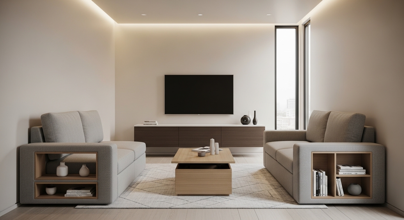 Thiết kế nội thất phòng khách nhà ống tối giản với nội thất thông minh tiết kiệm diện tích, gồm sofa chữ I tích hợp ngăn kéo, bàn trà nâng và kệ TV treo tường. Thiết kế nội thất phòng khách nhà ống tối giản với nội thất thông minh tiết kiệm diện tích, gồm sofa chữ I tích hợp ngăn kéo, bàn trà nâng và kệ TV treo tường.