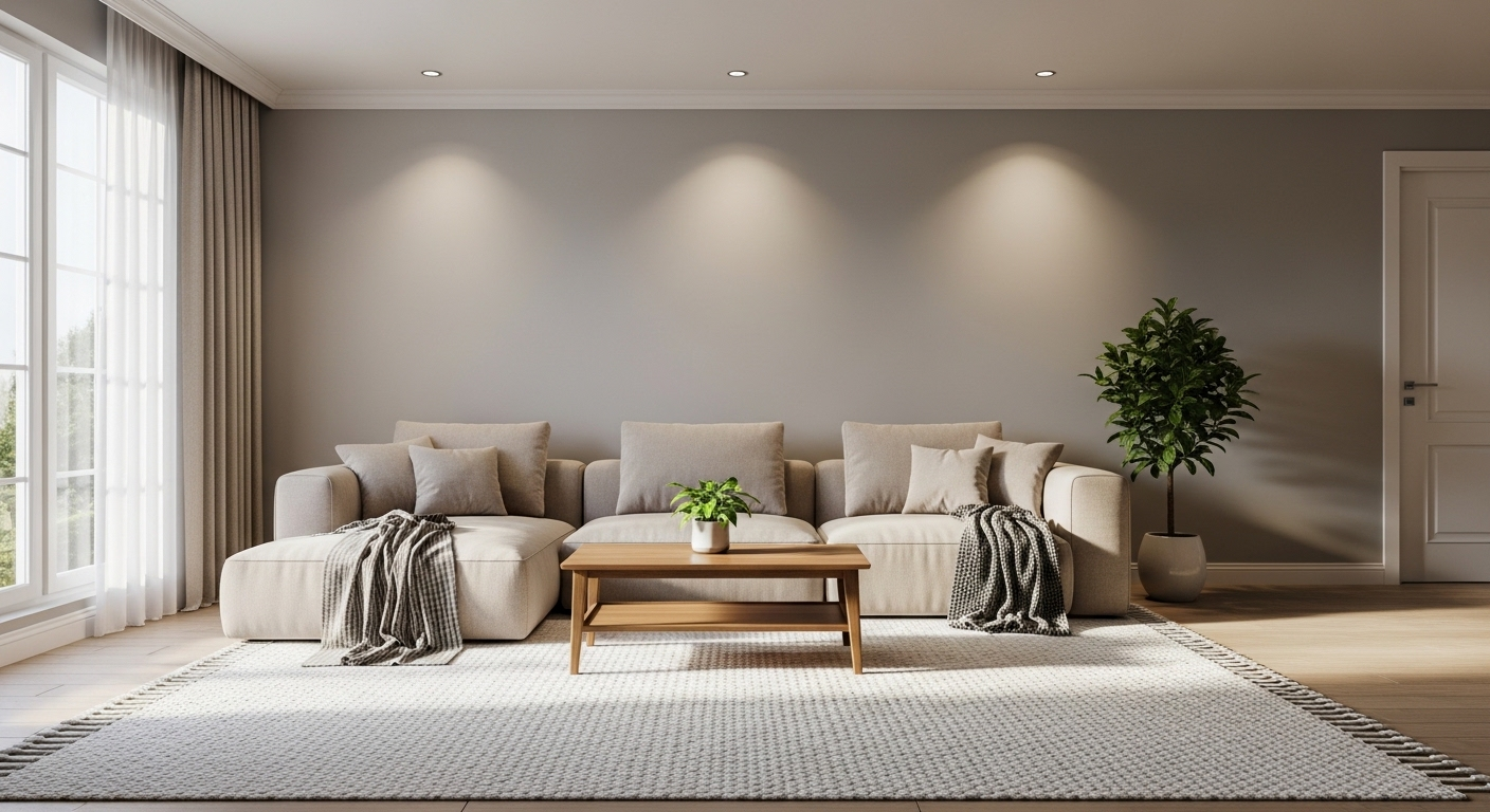 không gian tông xám – be với sofa, thảm, bàn cà phê gỗ và cây xanh.