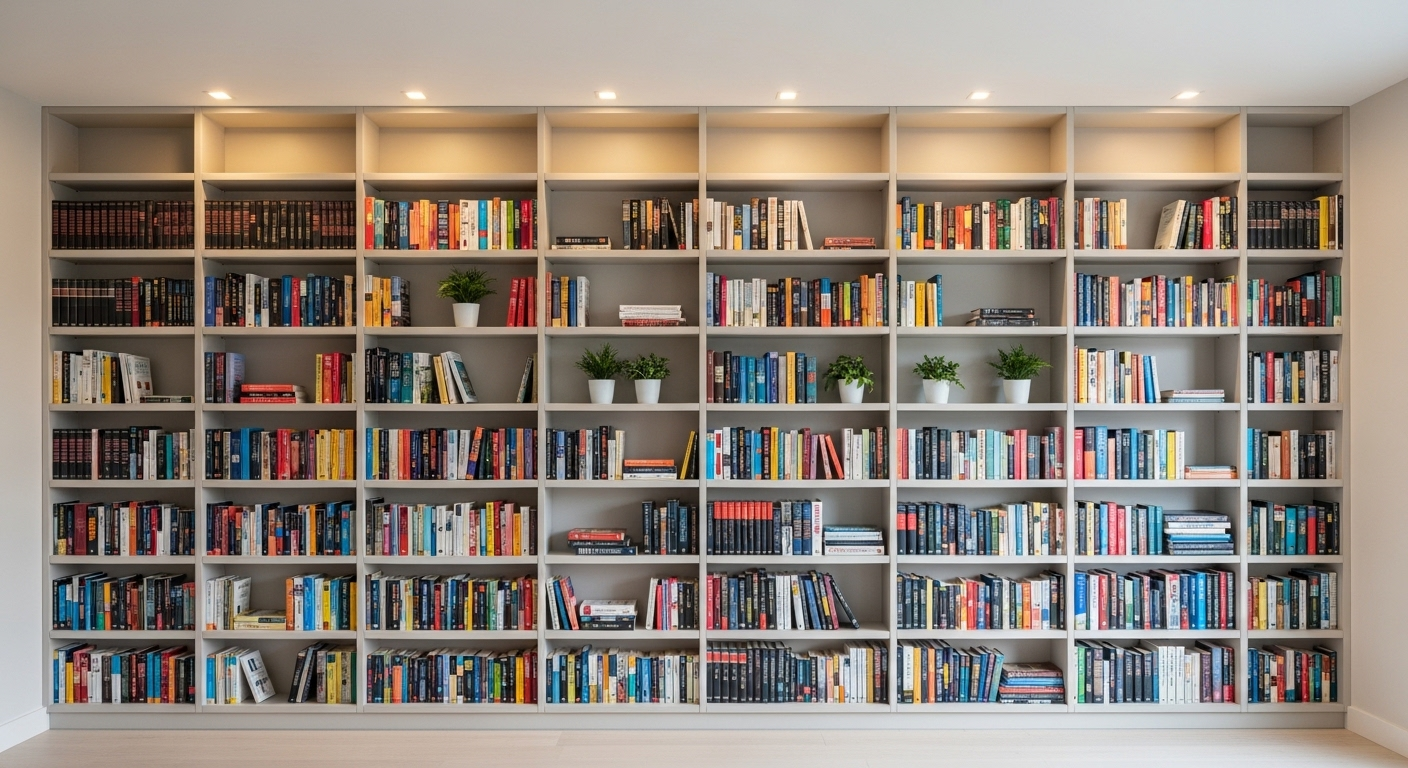 Phòng khách tối giản với tủ sách âm tường cao từ sàn đến trần, trưng bày sách màu sắc và cây xanh được sắp xếp gọn gàng trong ánh sáng dịu nhẹ, là một ý tưởng độc đáo cho cách trang trí phòng khách hiện đại và thanh lịch.