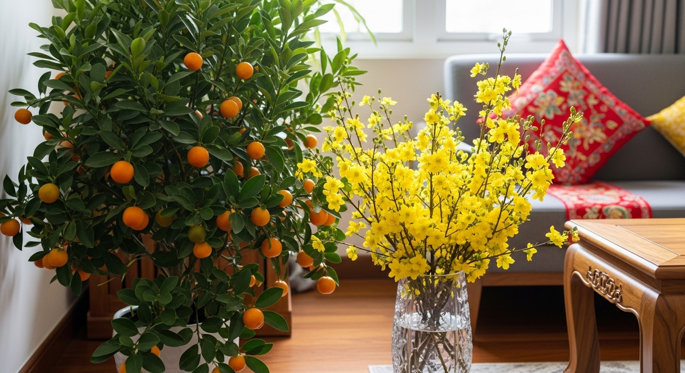 Hình ảnh trang trí phòng khách ngày Tết với cây quất sai quả và bình hoa mai vàng rực rỡ dưới ánh sáng tự nhiên.