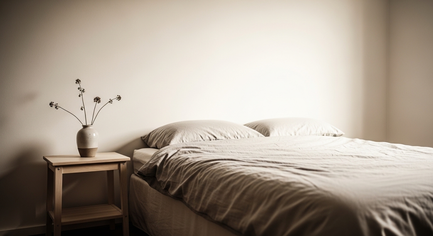 Phòng ngủ tối giản với tường trắng ngà, giường linen gọn gàng và bàn gỗ đầu giường cùng bình hoa khô, tạo không gian nội thất chữa lành đầy thư thái.