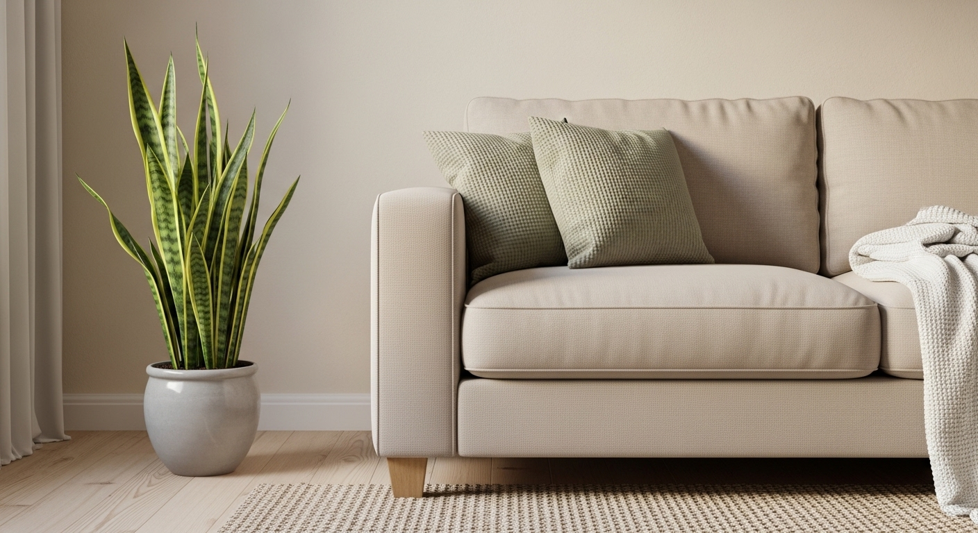 Góc phòng khách tối giản ấm cúng với cây lưỡi hổ xanh tốt, sofa màu be, gối tựa xanh và thảm sợi tự nhiên. Một gợi ý tuyệt vời về cách trang trí phòng khách đẹp, hiện đại.