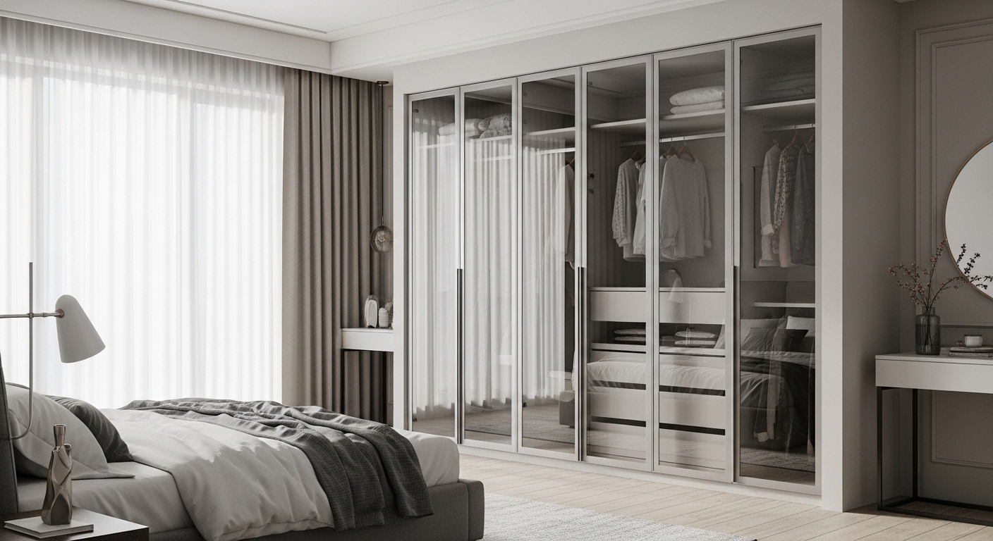 Phòng ngủ hiện đại, tối giản với tủ quần áo cửa kính lớn, giường ga trắng xám và ánh sáng tự nhiên dịu nhẹ. Tuyệt vời để trang trí phòng ngủ thư thái và thanh lịch.