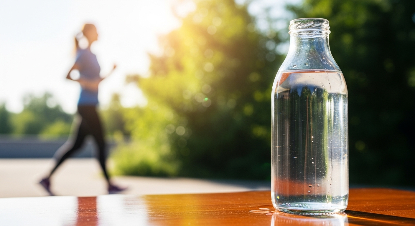 Chai nước tinh khiết mát lành trên gỗ bóng, phía sau là hình ảnh mờ của người đang vận động ngoài trời. Biểu tượng cho lối sống chú trọng dinh dưỡng và vận động.