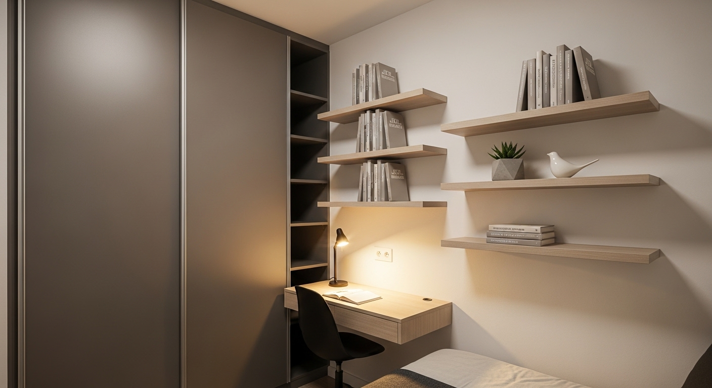 Phòng ngủ nhỏ được trang trí tối ưu không gian với tủ âm tường kịch trần cửa lùa, kệ nổi và bàn làm việc treo tường gọn gàng. Phòng ngủ nhỏ được trang trí tối ưu không gian với tủ âm tường kịch trần cửa lùa, kệ nổi và bàn làm việc treo tường gọn gàng.