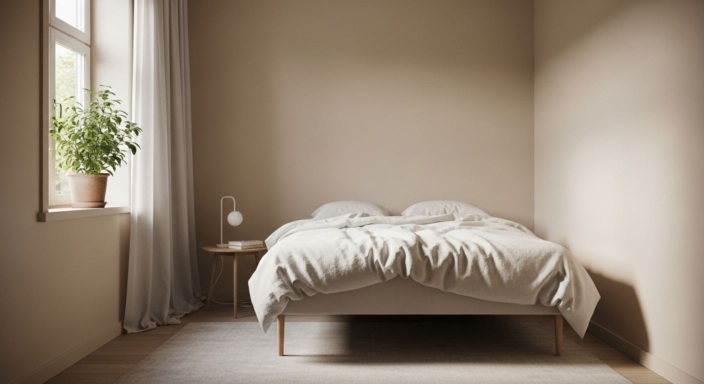 Phòng ngủ nhỏ tối giản, tường màu be dịu, giường trắng chân gỗ cao. Ánh sáng tự nhiên qua rèm mỏng tạo không gian thanh lịch, là ý tưởng tuyệt vời cho mẹo vặt trang trí phòng ngủ hiện đại.