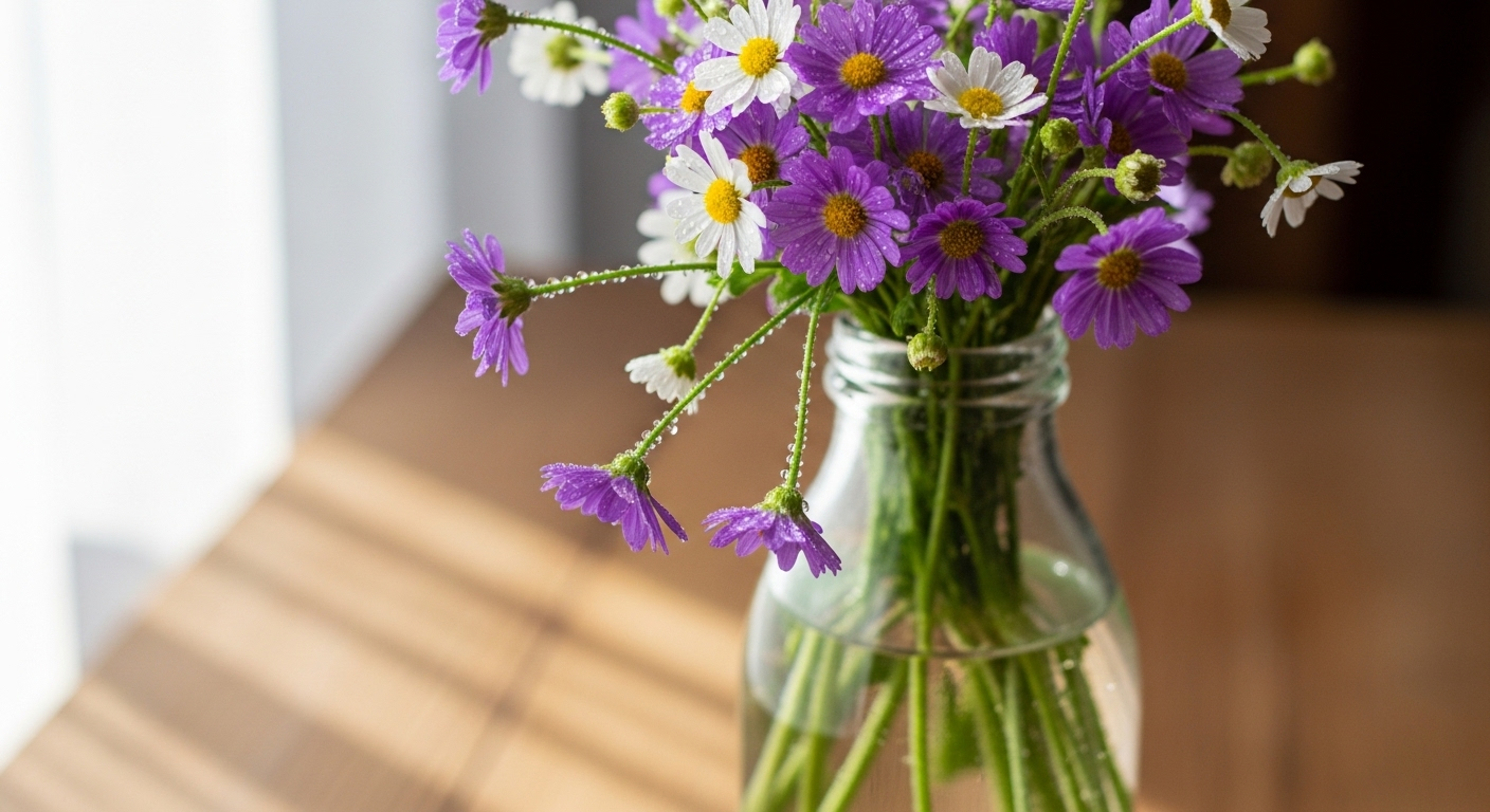 Bình hoa dại tím trắng tươi từ chai thủy tinh tái chế trên nền gỗ, một mẹo vặt trang trí nhà cửa đơn giản mà tinh tế.