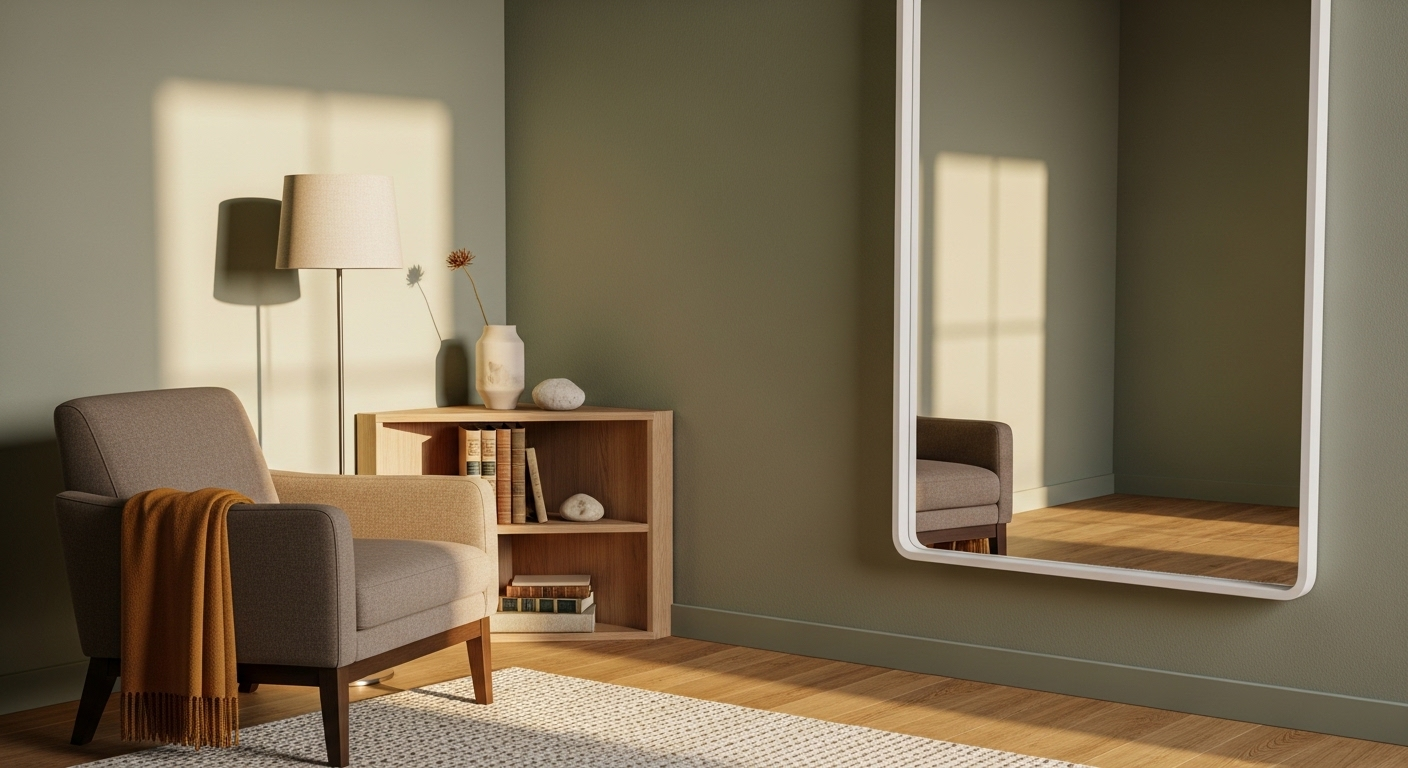 Góc đọc sách ấm cúng, hiện đại với gương lớn phản chiếu ánh sáng tự nhiên, minh họa mẹo vặt trang trí nội thất hiệu quả giúp mở rộng không gian.