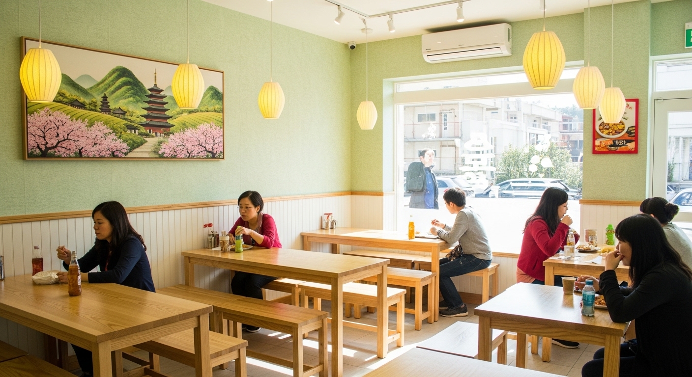 Không gian nội thất quán ăn vặt Hàn Quốc ấm cúng với tường xanh pastel, bàn ghế gỗ sáng màu và đèn treo phong cách Á Đông. Bức tranh phong cảnh Hàn Quốc tăng thêm vẻ thanh bình. Một gợi ý tuyệt vời về cách trang trí quán ăn vặt đẹp và thu hút khách.