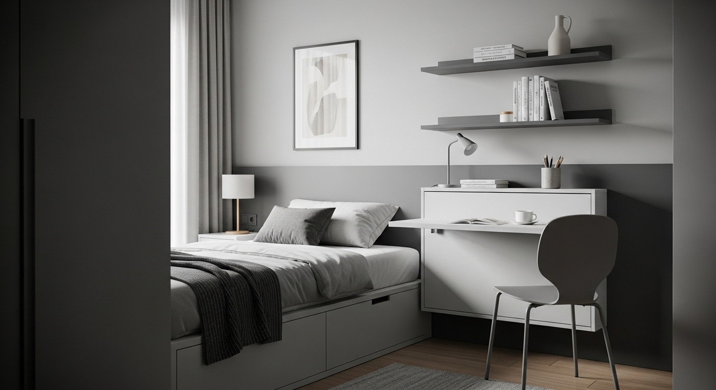 Ý tưởng trang trí phòng ngủ nhỏ thông minh với giường có ngăn kéo, bàn làm việc gấp treo tường và kệ sách giúp tối ưu không gian.
