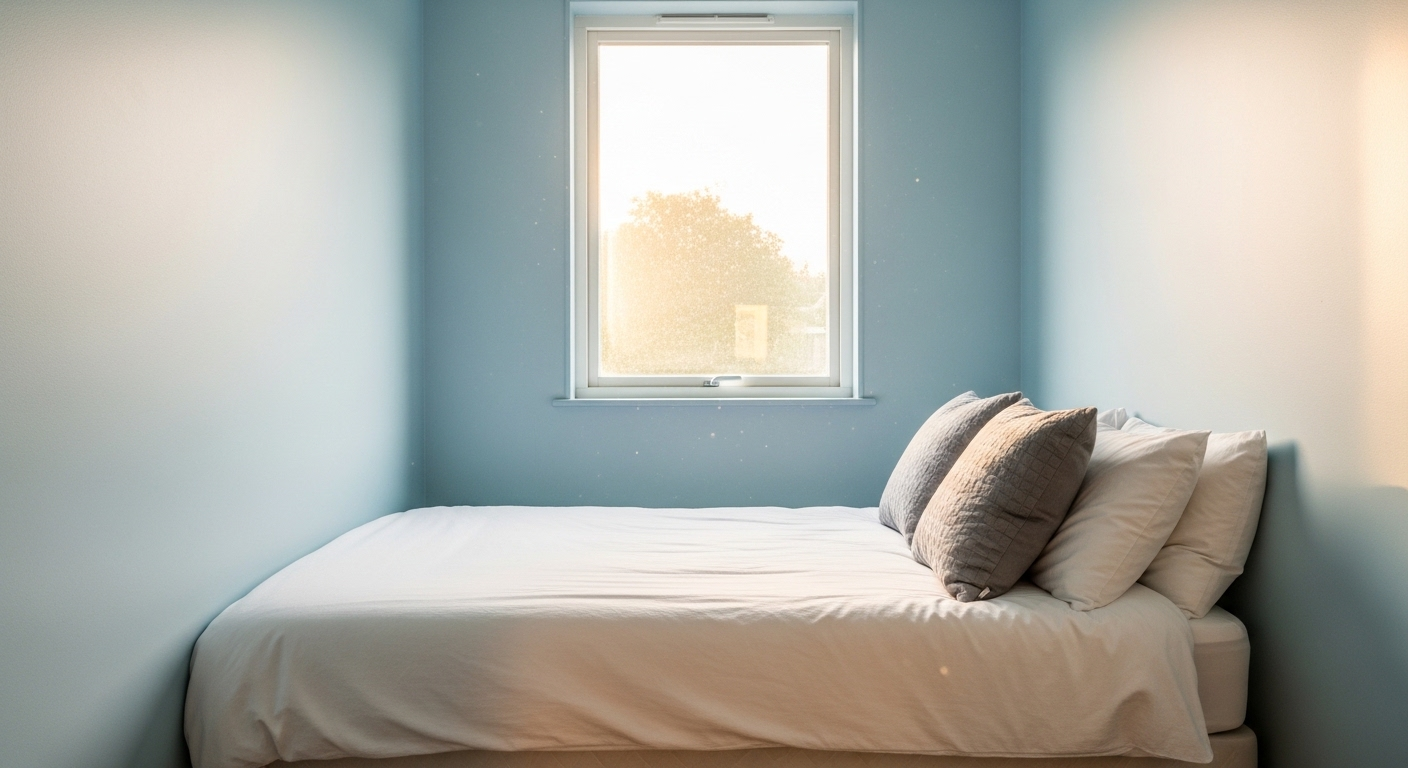 phòng ngủ nhỏ yên bình với tường xanh nhạt, giường ga trắng và gối tựa xám. Ánh nắng tự nhiên qua cửa sổ lớn tạo không gian thoáng đãng.