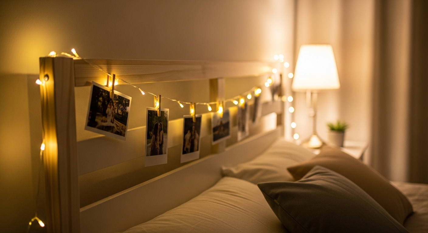 Dây đèn LED lấp lánh với kẹp gỗ treo ảnh kỷ niệm trên đầu giường tối giản, tạo không gian phòng ngủ ấm cúng. Đây là món đồ trang trí phòng ngủ tinh tế với ánh sáng dịu nhẹ.