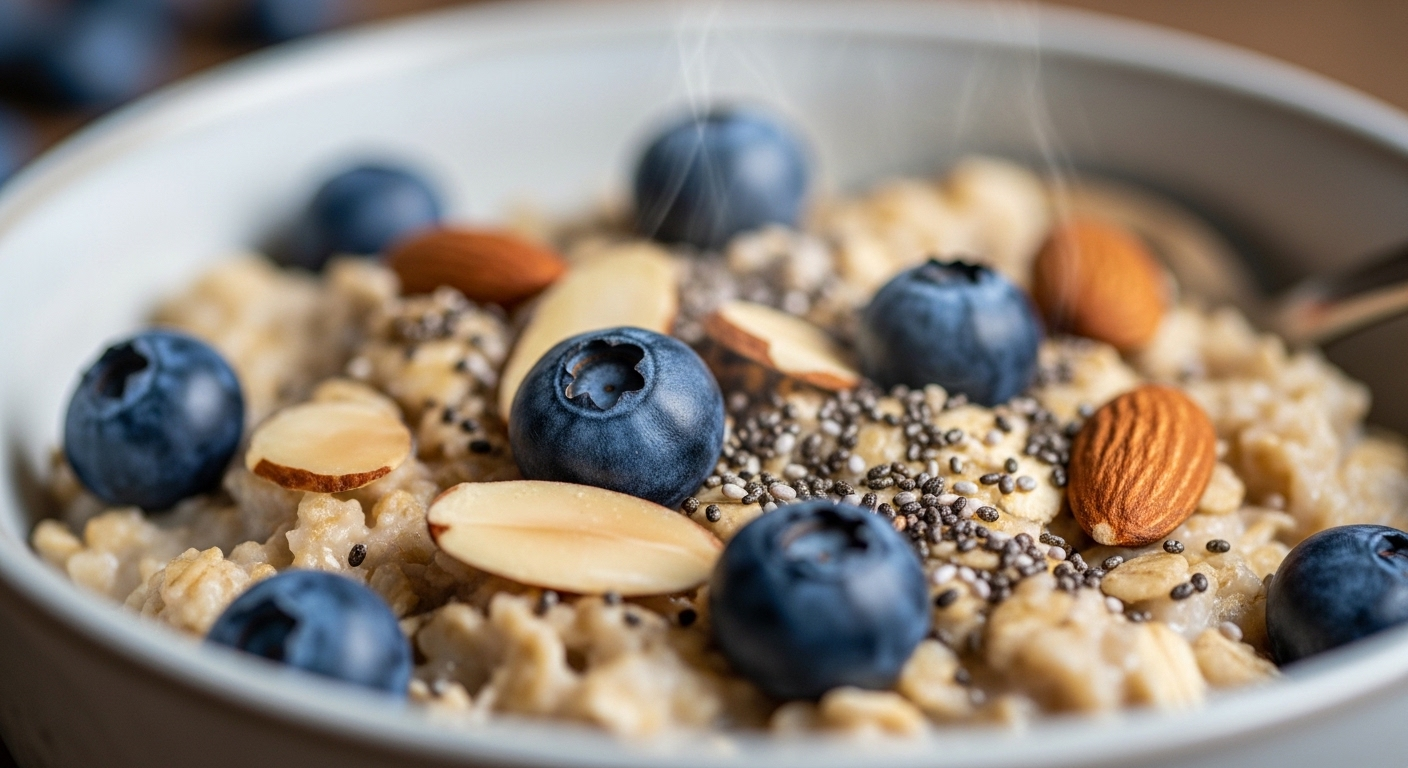 Bát yến mạch bổ dưỡng với việt quất, hạnh nhân lát và hạt chia, gợi ý Cách ăn ít no lâu hiệu quả.