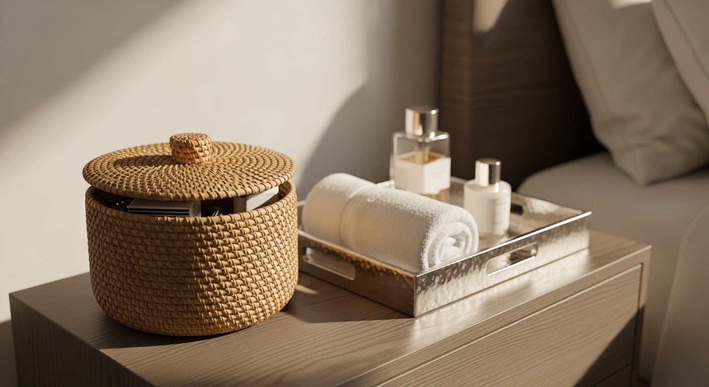 Bàn đầu giường gọn gàng với giỏ mây tự nhiên có nắp và khay trang trí bóng loáng đựng khăn cuộn, chai nhỏ sang trọng, minh họa cho cách trang trí phòng ngủ sang trọng và tinh tế. Bàn đầu giường gọn gàng với giỏ mây tự nhiên có nắp và khay trang trí bóng loáng đựng khăn cuộn, chai nhỏ sang trọng, minh họa cho cách trang trí phòng ngủ sang trọng và tinh tế.