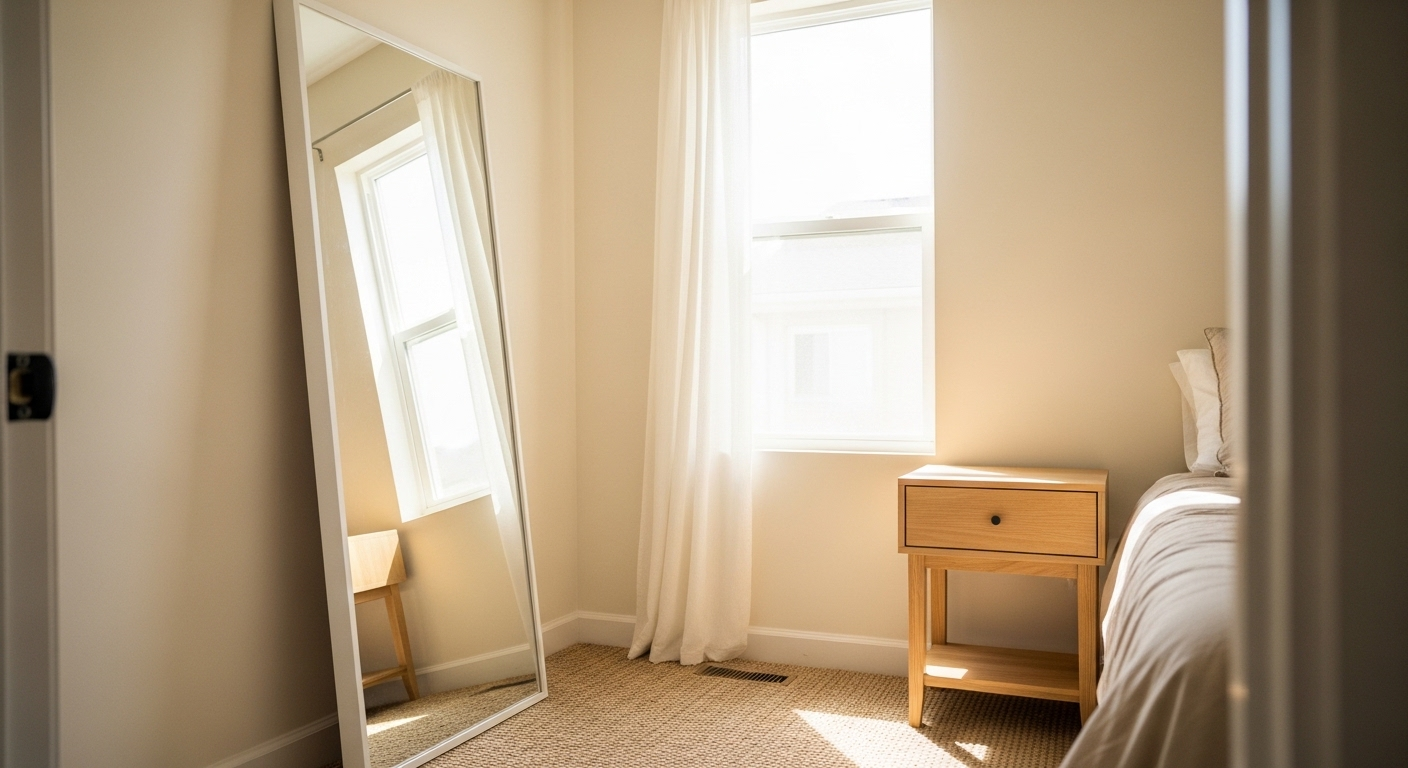 Phòng ngủ nhỏ đẹp, sáng bừng với tường màu kem, gương toàn thân phản chiếu ánh sáng tự nhiên từ cửa sổ rèm voan, tạo ảo giác không gian rộng rãi. Ví dụ cách trang trí phòng ngủ nhỏ đẹp này còn có tủ đầu giường gỗ tối giản. Phòng ngủ nhỏ đẹp, sáng bừng với tường màu kem, gương toàn thân phản chiếu ánh sáng tự nhiên từ cửa sổ rèm voan, tạo ảo giác không gian rộng rãi. Ví dụ cách trang trí phòng ngủ nhỏ đẹp này còn có tủ đầu giường gỗ tối giản.