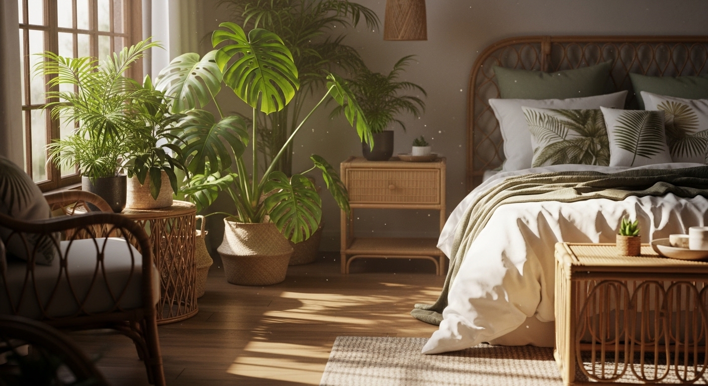 Phòng ngủ nhiệt đới hiện đại với cây Monstera lớn, nội thất mây tre đan và ánh nắng tự nhiên. Gợi ý trang trí phòng ngủ xanh mát.