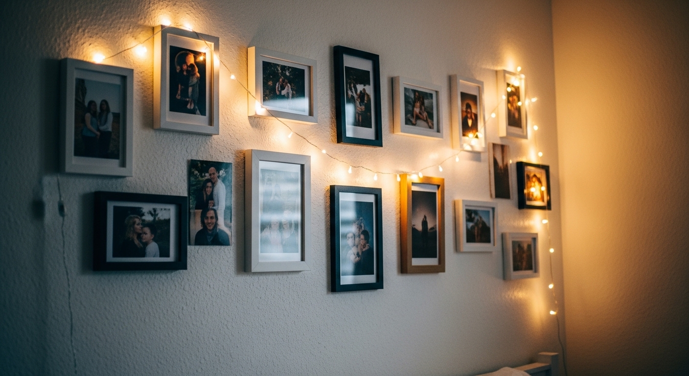 Tường trắng ấm cúng với dây đèn LED và khung ảnh cá nhân lung linh.