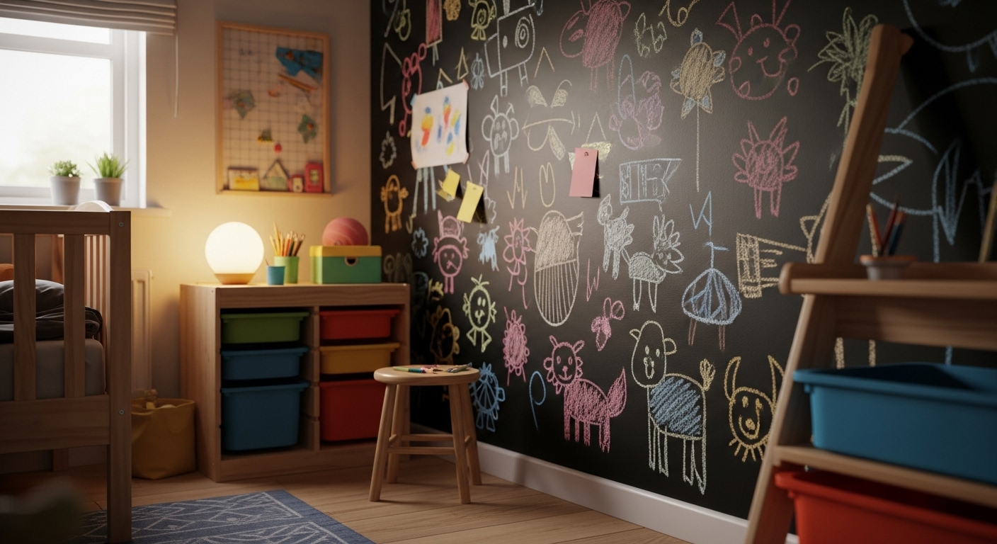 Góc nghệ thuật sáng tạo trong phòng ngủ trẻ em, với tường bảng đen đầy hình vẽ phấn màu, ghế đẩu và thùng đựng đồ gọn gàng. Đây là một cách trang trí phòng ngủ cho trẻ đầy cảm hứng và hữu ích.