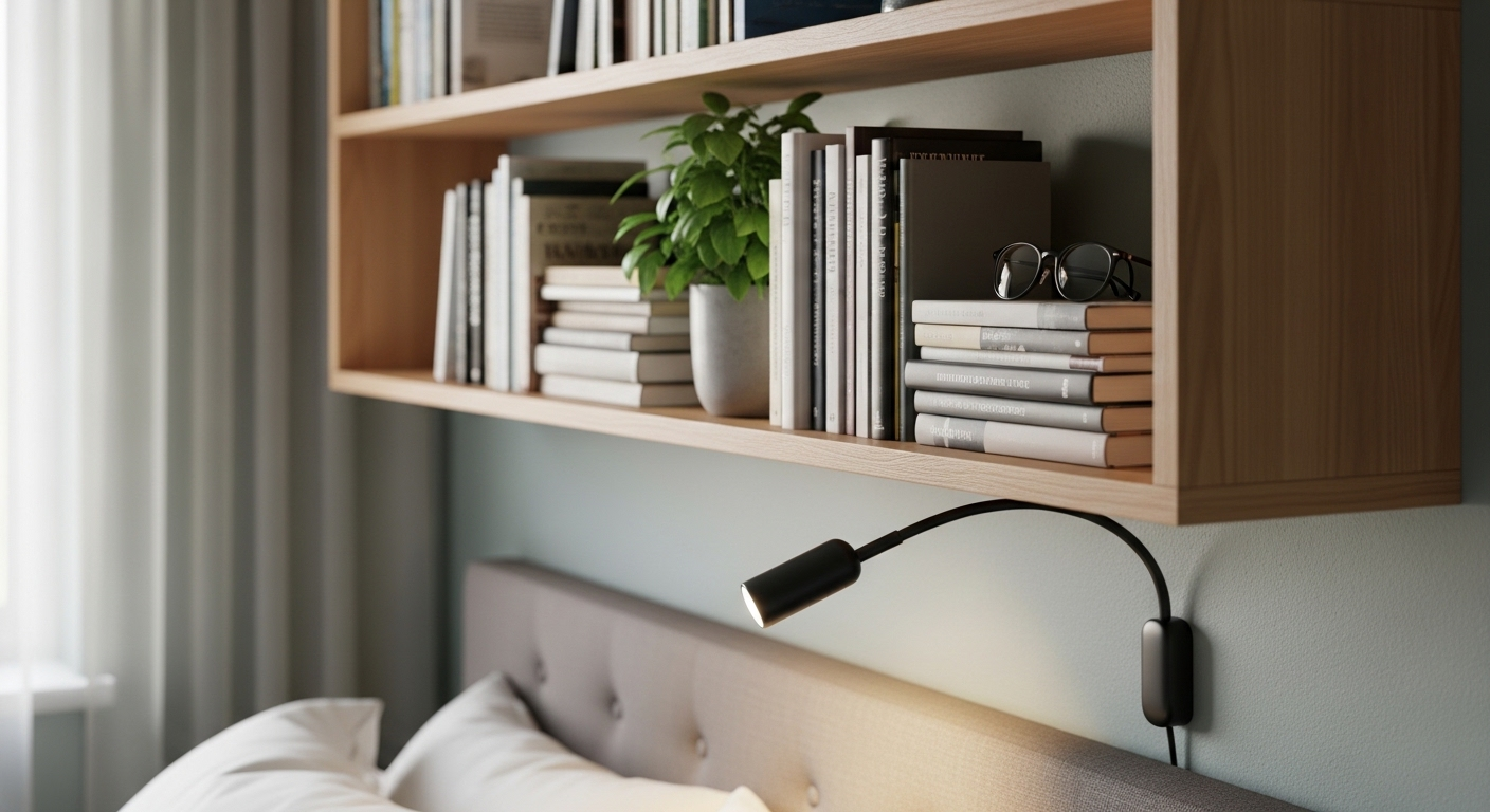 Kệ sách gắn tường gọn gàng với đèn đọc hiện đại và cây xanh trên đầu giường, mang đến giải pháp trang trí phòng ngủ nhỏ vừa tiện lợi vừa thẩm mỹ.